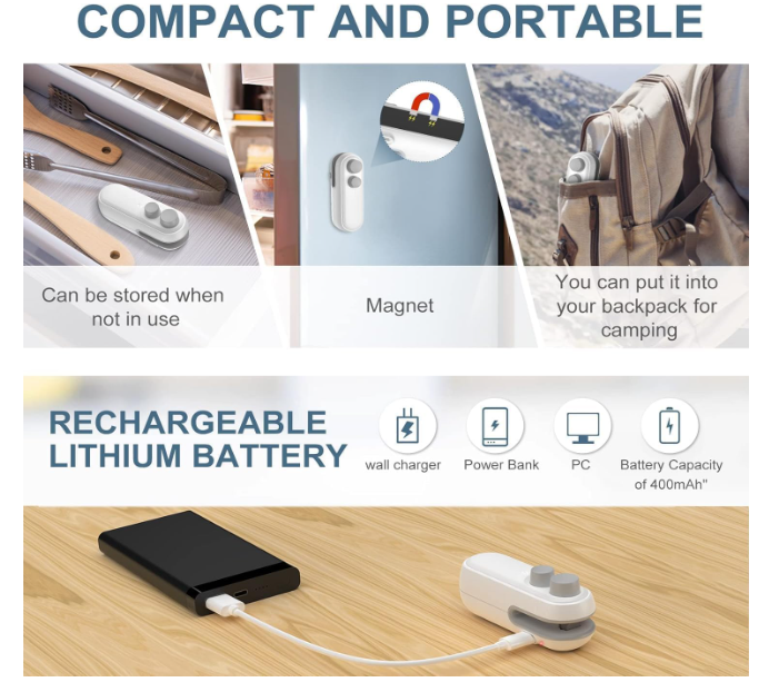 Portable Mini Sealing Machine 2 in 1 USB Rechargeable Magnetic Bag Sealer Heat Seal with Cutter, Plastic Bags Packing Machine Home Appliances (standard)