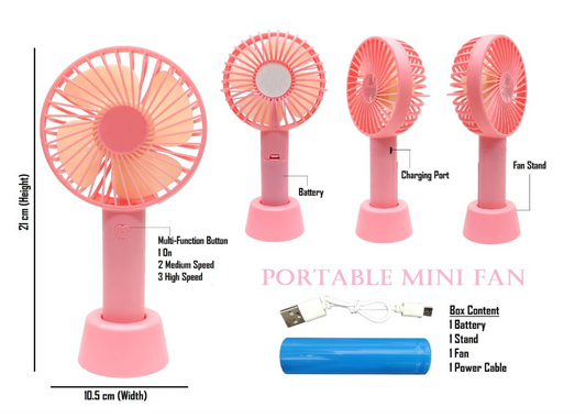 Mini Portable USB Hand Fan Built-in Rechargeable Battery Operated Summer Cooling Table Fan with Standing Holder Handy Base For Home Office Indoor Outdoor Travel (Assorted Color)