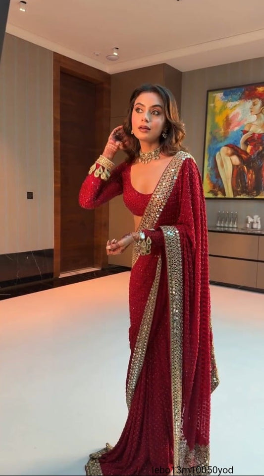 HEAVY EMBROIDERY 3MM SEQUNECE & THREND LACE BORDER LACE IN SAREE WITH ORGINAL MIRROR