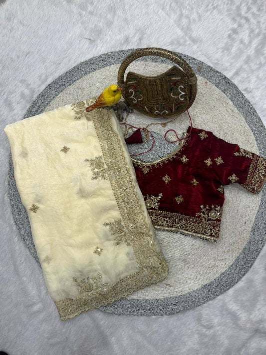 Sequins and jaro Thread Embroidery Work with Cutworl border Saree