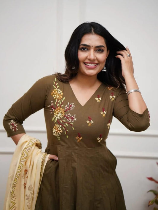 Earthy olive and black with delicate embroidery is elegance redefined Kurta