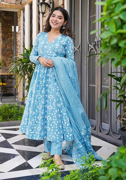 Heavy Cotton 60*60 Printed Anarkali Kurti And Full Printed Pant And Dupatta