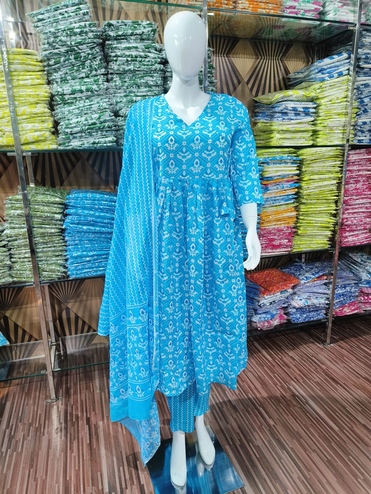 Heavy Cotton 60*60 Printed Anarkali Kurti And Full Printed Pant And Dupatta