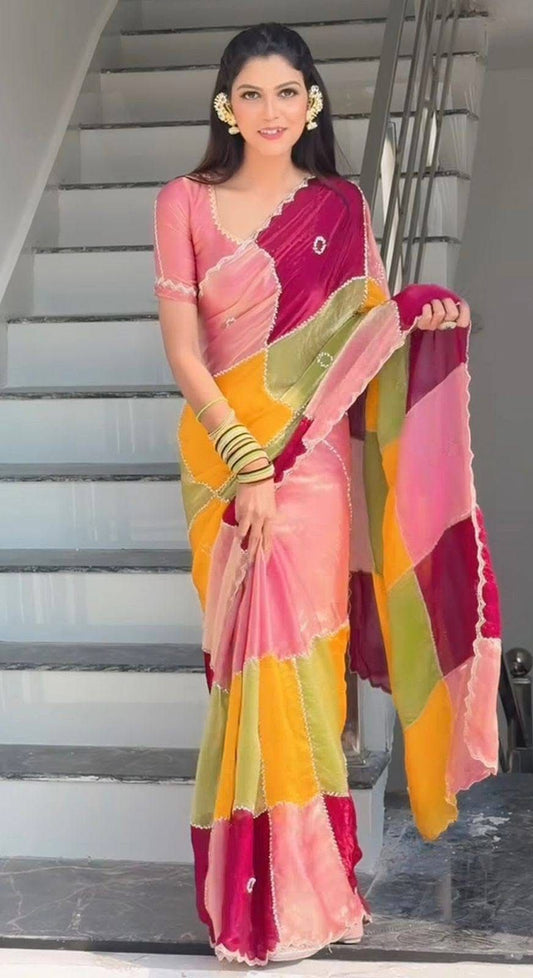 Havy Soft Space Silk Fabric With Beutiful Multy Prints With Beads And Katdana Handwork In Border Saree