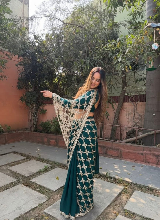 Silk Fabric with Real Mirror work and blouse on also Fendy Silk Fabric Saree