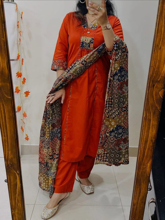 Beautiful kurti pant dupatta set in Premium Cotton with applique and real mirror work with thread and sequin detailing paired with fine kalamkari cotton dupatta