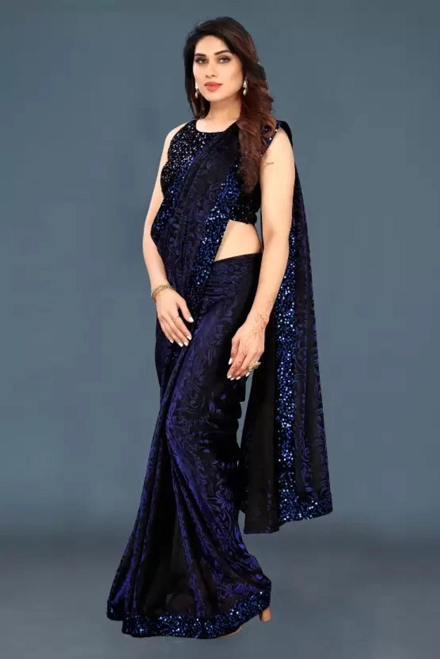 Lycra Blend Solid Saree for Women (Navy Blue, 6.3 m)