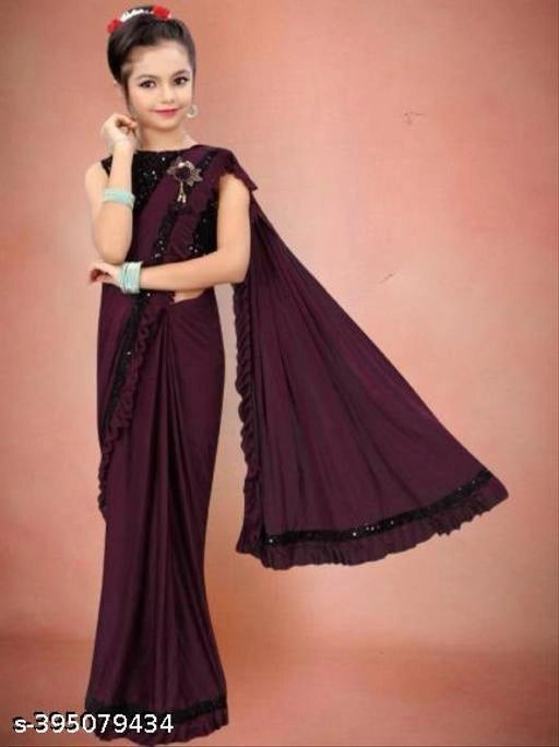Lycra Solid Saree for Girls (Wine, 5-6 Years)