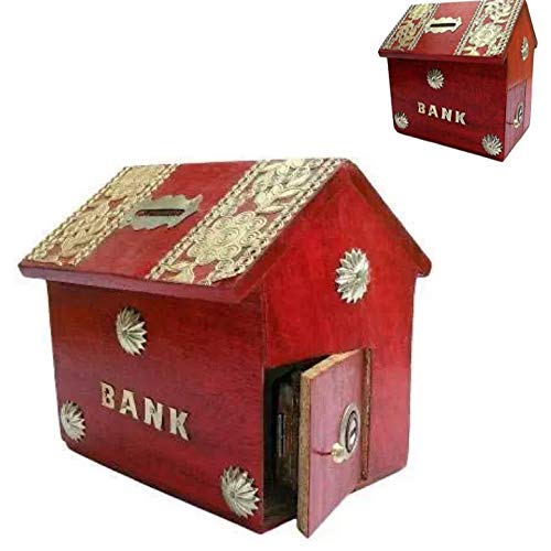Wooden Money Bank for Kids, Red Colour, Coin Saving Gullak