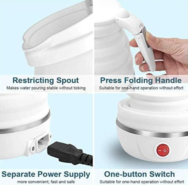 Travel Folding Electric Kettle, Fast Boiling, Portable Electric Kettle, 600ml Boil Dry Protection, 100-240V Food Grade Silicone Foldable Kettle