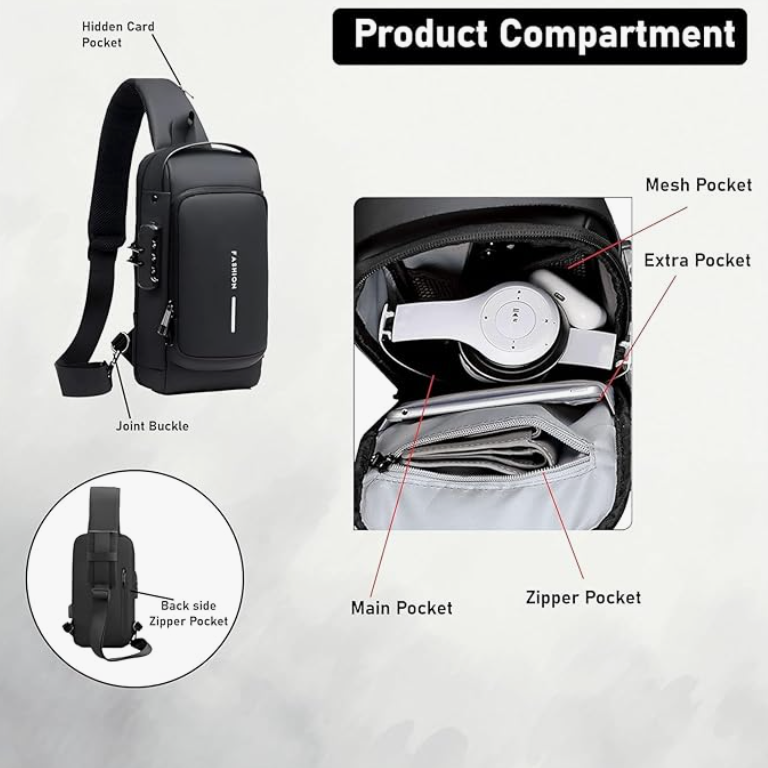 MATCH MADE Anti-theft Waterproof Chest Sling Bag for Men with Password Lock & USB Charging – Travel Hiking Crossbody Daypack Backpack