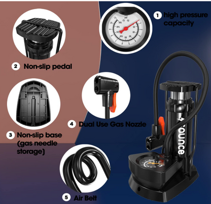 Sounce Portable High Pressure Foot Air Pump Heavy Compressor Cylinder with Gauge Floor for Bicycle, Car and Motorbike for Football Cycle Pumps for Bicycle for Tubeless - Black