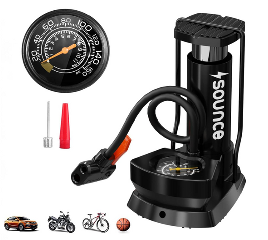 Sounce Portable High Pressure Foot Air Pump Heavy Compressor Cylinder with Gauge Floor for Bicycle, Car and Motorbike for Football Cycle Pumps for Bicycle for Tubeless - Black