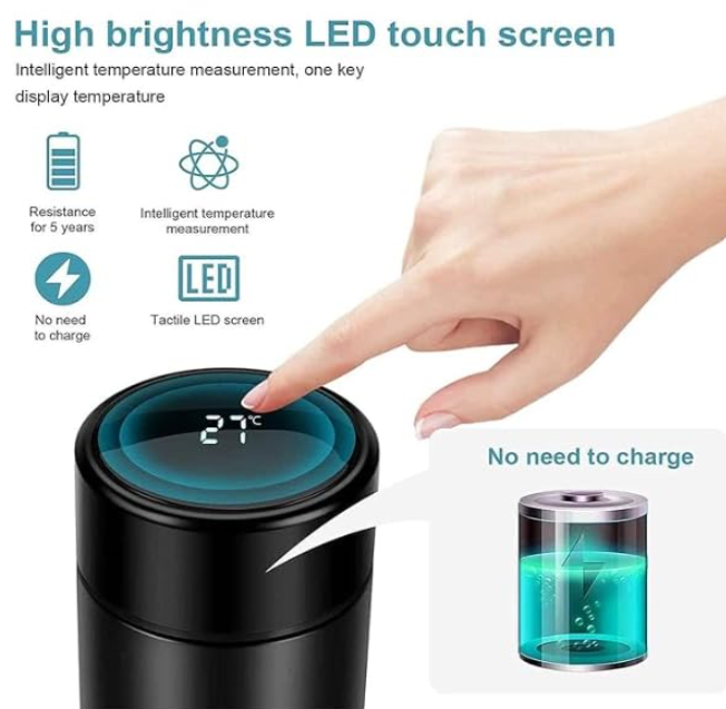 Stainless Steel Water Bottle With Led Temperature Display, Double Wall Vacuum Insulated Water Bottle (Pure Black), 500 ML