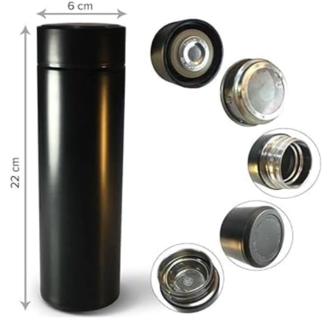 Stainless Steel Water Bottle With Led Temperature Display, Double Wall Vacuum Insulated Water Bottle (Pure Black), 500 ML