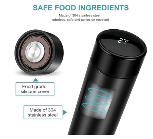 Stainless Steel Water Bottle With Led Temperature Display, Double Wall Vacuum Insulated Water Bottle (Pure Black), 500 ML