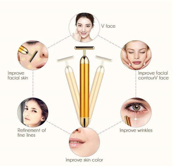 PIARA 24k Gold Energy Beauty Bar - Electric Vibration Facial Massage V-Shape Roller | Waterproof Anti-Wrinkle T-Shaped Massager for Face, Neck, Cheeks, Forehead, & Clavicle - Gold Color