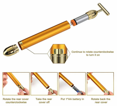 PIARA 24k Gold Energy Beauty Bar - Electric Vibration Facial Massage V-Shape Roller | Waterproof Anti-Wrinkle T-Shaped Massager for Face, Neck, Cheeks, Forehead, & Clavicle - Gold Color