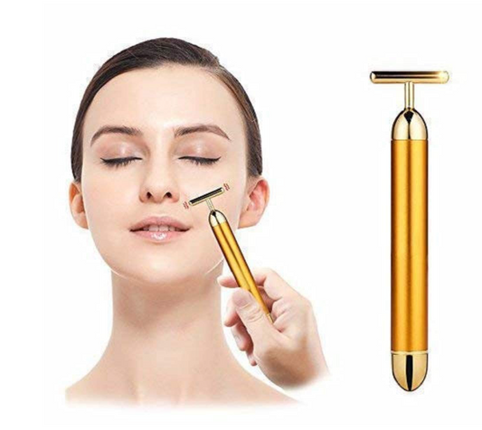 PIARA 24k Gold Energy Beauty Bar - Electric Vibration Facial Massage V-Shape Roller | Waterproof Anti-Wrinkle T-Shaped Massager for Face, Neck, Cheeks, Forehead, & Clavicle - Gold Color