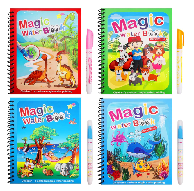 GLUN® Water Marker Magic Book for Kids, 4 Different Theme Magic Books, Educational & Bonding Time for Kids, Reusable, Mess-Free Art with Quick Dry Technology
