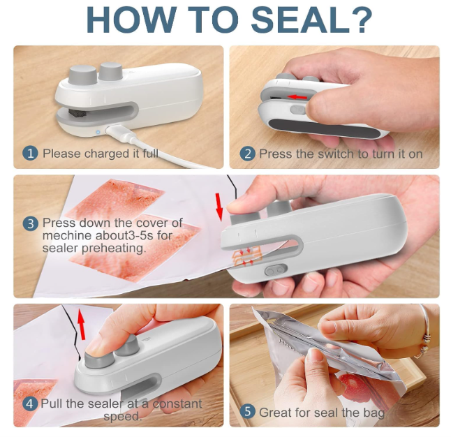 Portable Mini Sealing Machine 2 in 1 USB Rechargeable Magnetic Bag Sealer Heat Seal with Cutter, Plastic Bags Packing Machine Home Appliances (standard)