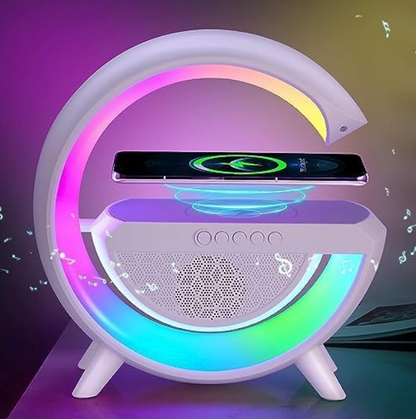 AADY Abs G-Shape Atmosphere 4 in 1 Multifunctinol Bluetooth Speaker Desk Table Lamp with Wireless Charger LED Light | FM Radio | 7 Light Colour Modes | Bluetooth Music |15W Fast Charging and AUX