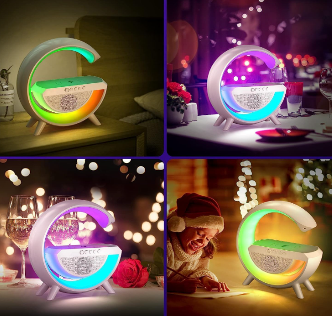AADY Abs G-Shape Atmosphere 4 in 1 Multifunctinol Bluetooth Speaker Desk Table Lamp with Wireless Charger LED Light | FM Radio | 7 Light Colour Modes | Bluetooth Music |15W Fast Charging and AUX
