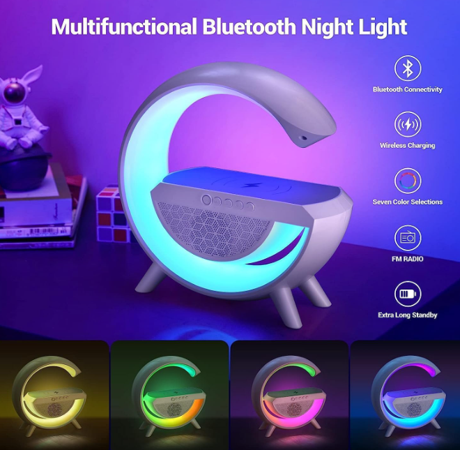 AADY Abs G-Shape Atmosphere 4 in 1 Multifunctinol Bluetooth Speaker Desk Table Lamp with Wireless Charger LED Light | FM Radio | 7 Light Colour Modes | Bluetooth Music |15W Fast Charging and AUX