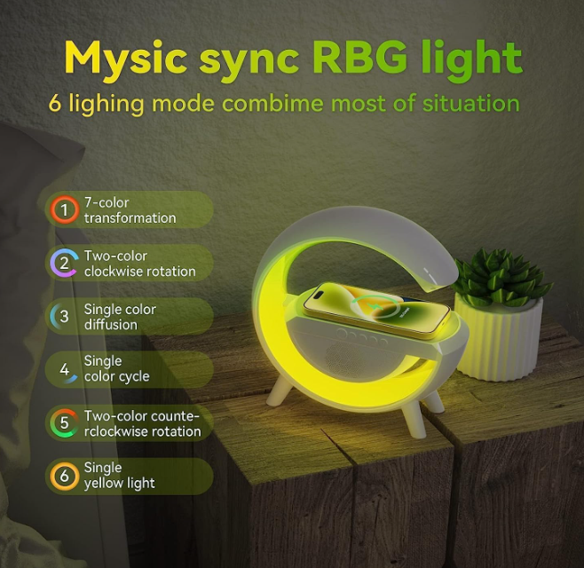 AADY Abs G-Shape Atmosphere 4 in 1 Multifunctinol Bluetooth Speaker Desk Table Lamp with Wireless Charger LED Light | FM Radio | 7 Light Colour Modes | Bluetooth Music |15W Fast Charging and AUX