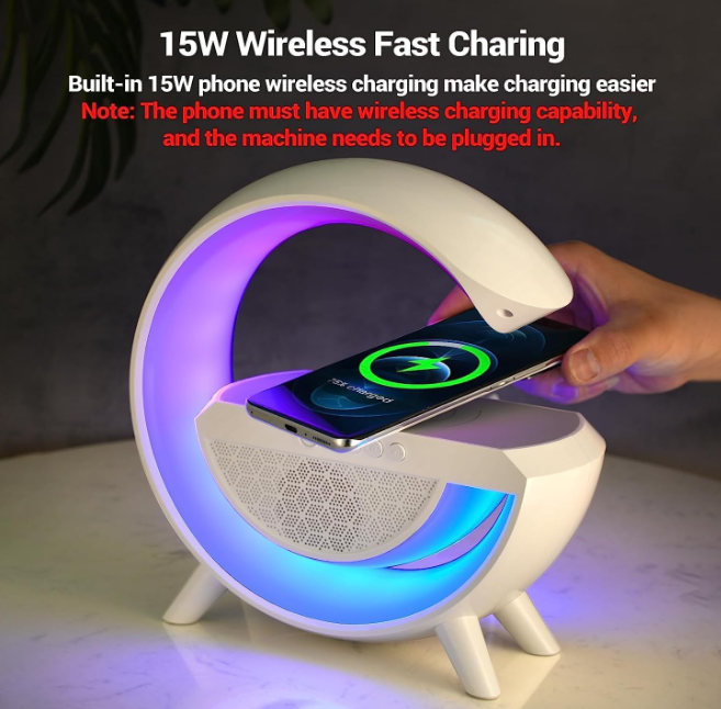 AADY Abs G-Shape Atmosphere 4 in 1 Multifunctinol Bluetooth Speaker Desk Table Lamp with Wireless Charger LED Light | FM Radio | 7 Light Colour Modes | Bluetooth Music |15W Fast Charging and AUX