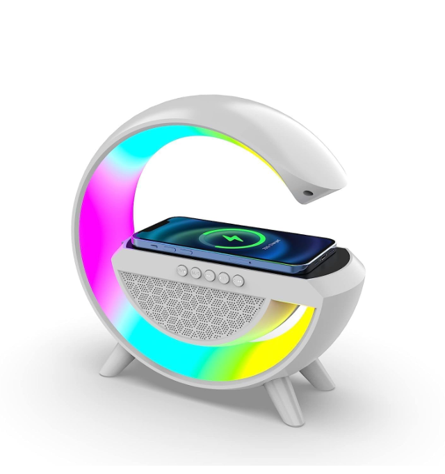 AADY Abs G-Shape Atmosphere 4 in 1 Multifunctinol Bluetooth Speaker Desk Table Lamp with Wireless Charger LED Light | FM Radio | 7 Light Colour Modes | Bluetooth Music |15W Fast Charging and AUX
