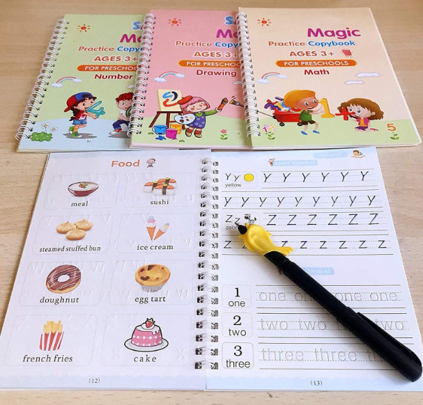 Eclet Magic Book for Kids, Sank Magic Practice Copybook, (4 Book+10 Refill+1 Pen+1 Grip) Number Tracing Book for Pre-Schoolers with Pen, Magic Calligraphy Copybook Set Writing Tool for Kids(F)