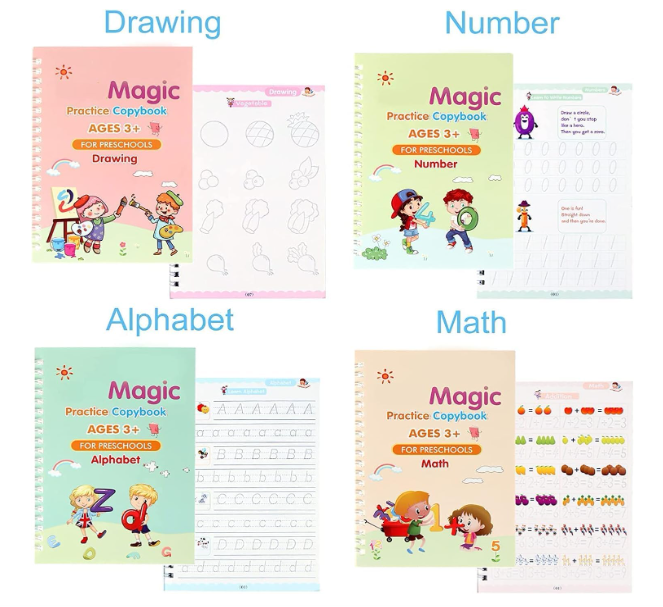 Eclet Magic Book for Kids, Sank Magic Practice Copybook, (4 Book+10 Refill+1 Pen+1 Grip) Number Tracing Book for Pre-Schoolers with Pen, Magic Calligraphy Copybook Set Writing Tool for Kids(F)