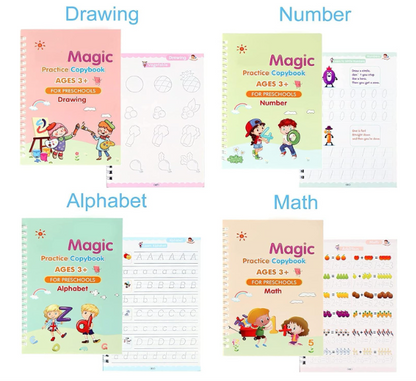 Eclet Magic Book for Kids, Sank Magic Practice Copybook, (4 Book+10 Refill+1 Pen+1 Grip) Number Tracing Book for Pre-Schoolers with Pen, Magic Calligraphy Copybook Set Writing Tool for Kids(F)