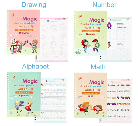 Eclet Magic Book for Kids, Sank Magic Practice Copybook, (4 Book+10 Refill+1 Pen+1 Grip) Number Tracing Book for Pre-Schoolers with Pen, Magic Calligraphy Copybook Set Writing Tool for Kids(F)