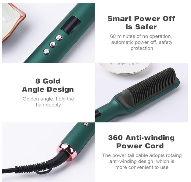 Hair Styler Comb – 5-in-1 Electric Hair Styling Tool for Drying, Straightening, Curling, Combing & Volumizing – PTC Ceramic Heater & Negative Ion Technology – Auto Shut-Off (Green)