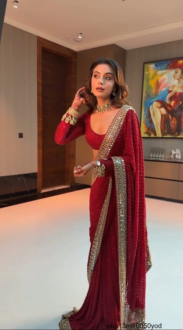 HEAVY EMBROIDERY  3MM SEQUNECE & THREND LACE BORDER LACE IN SAREE WITH ORGINAL MIRROR