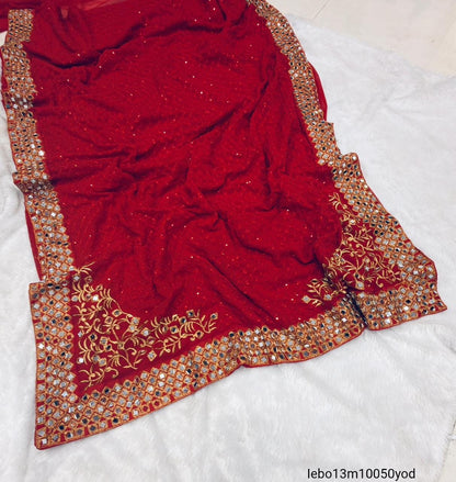 HEAVY EMBROIDERY  3MM SEQUNECE & THREND LACE BORDER LACE IN SAREE WITH ORGINAL MIRROR