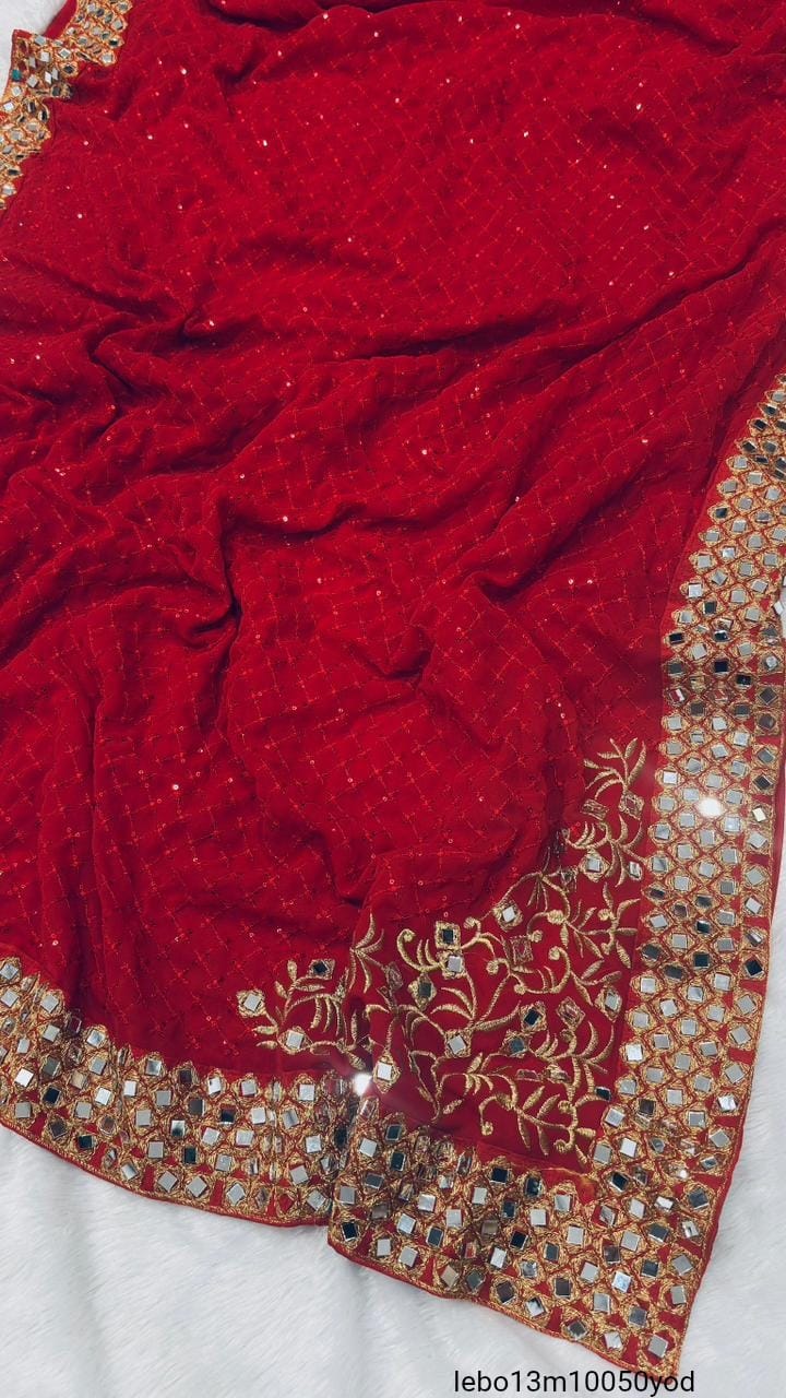 HEAVY EMBROIDERY  3MM SEQUNECE & THREND LACE BORDER LACE IN SAREE WITH ORGINAL MIRROR