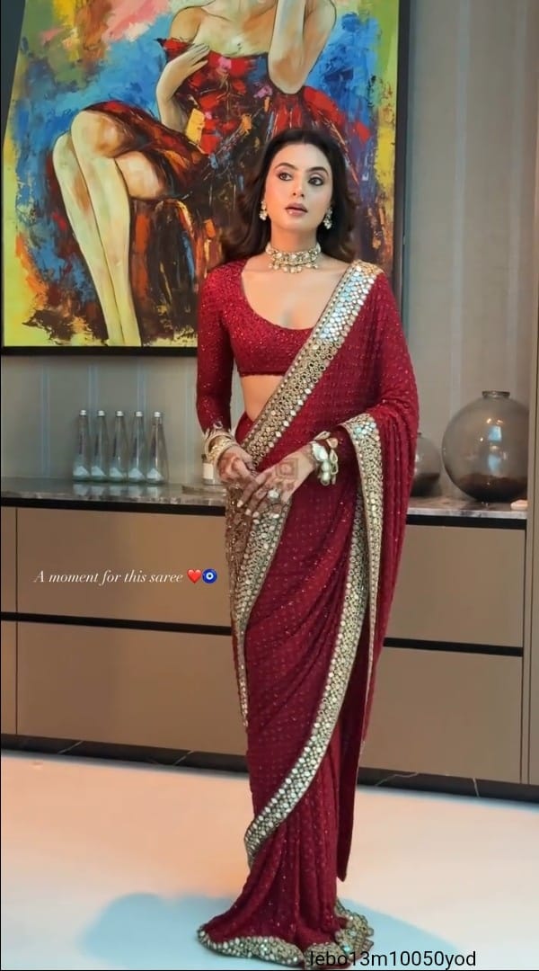 HEAVY EMBROIDERY  3MM SEQUNECE & THREND LACE BORDER LACE IN SAREE WITH ORGINAL MIRROR