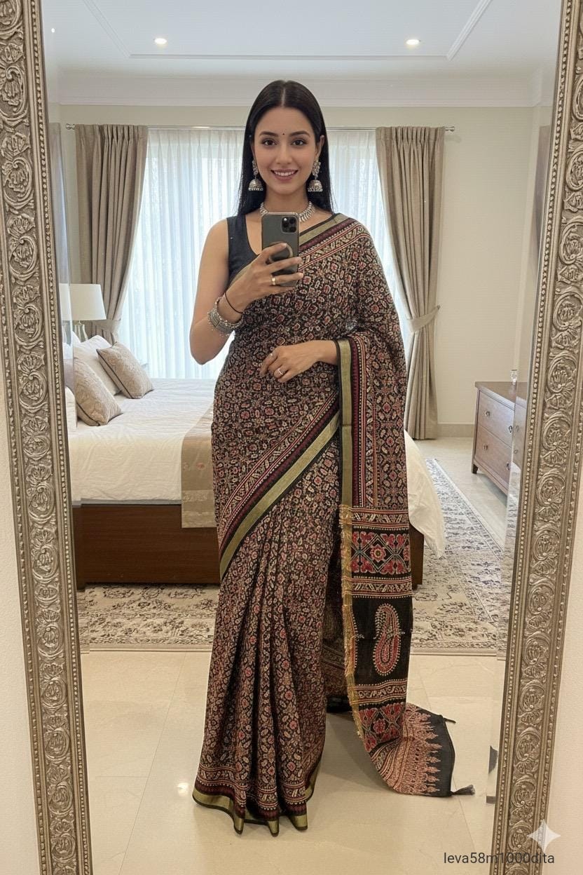 Cotton Handicraft Ajrakh Print Saree with Blouse Piece