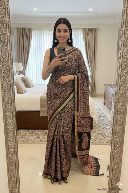 Cotton Handicraft Ajrakh Print Saree with Blouse Piece