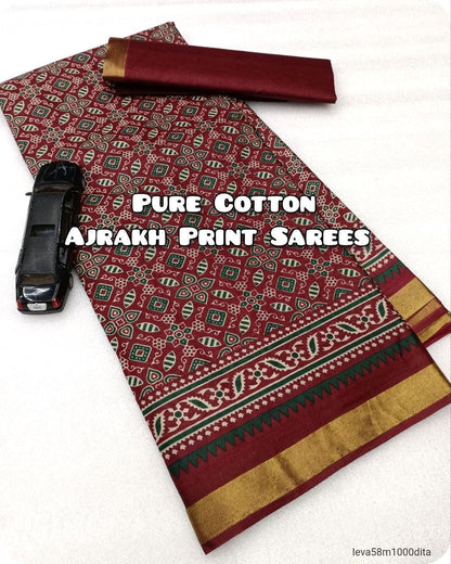 Cotton Handicraft Ajrakh Print Saree with Blouse Piece