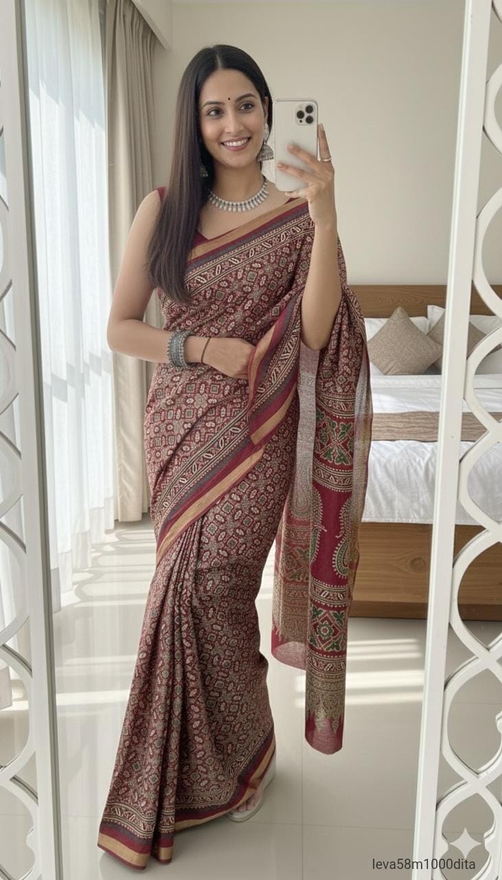 Cotton Handicraft Ajrakh Print Saree with Blouse Piece