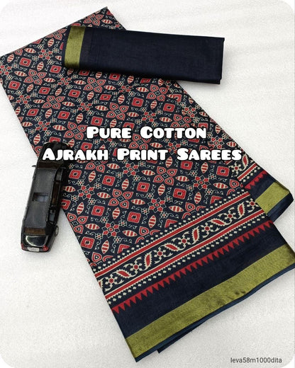 Cotton Handicraft Ajrakh Print Saree with Blouse Piece