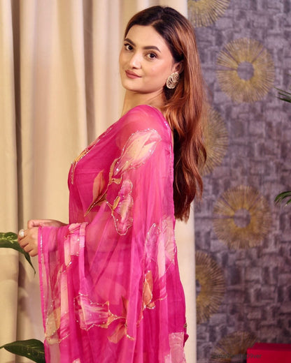 Floral print with cutdana work Saree