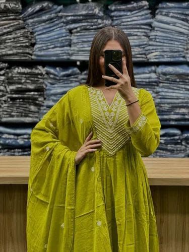 Anarkali Kurti with beautiful detailing embroidery work with pant and dupatta set