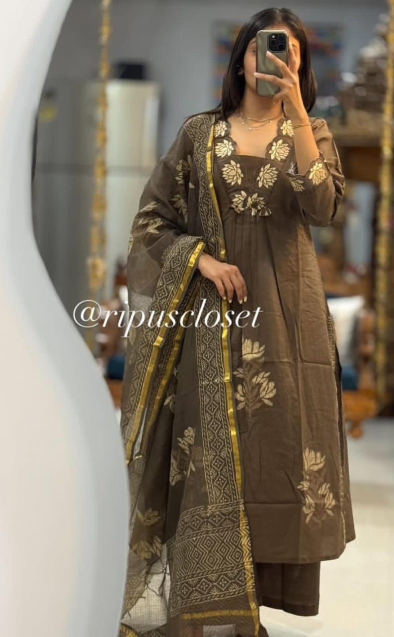 Embroidery Solid Kurti pant & Printed Dupatta