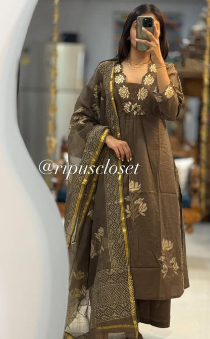 Embroidery Solid Kurti pant & Printed Dupatta