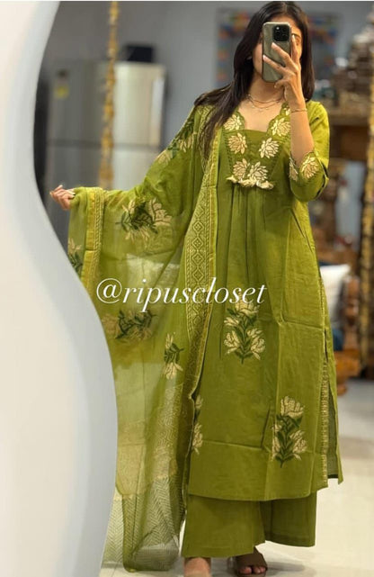 Embroidery Solid Kurti pant & Printed Dupatta